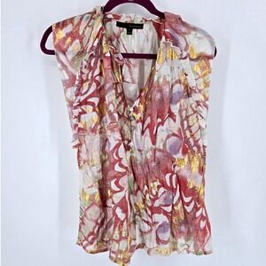 Harve Benard Blouse L Gold Metallic Foil Abstract Ruffle Top Luxury Festival EUC